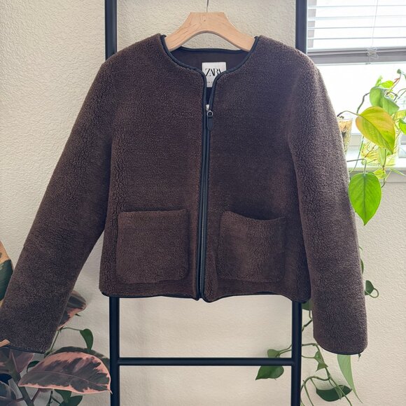 Zara Chocolate Brown Teddy Coat Size Medium - Picture 1 of 6